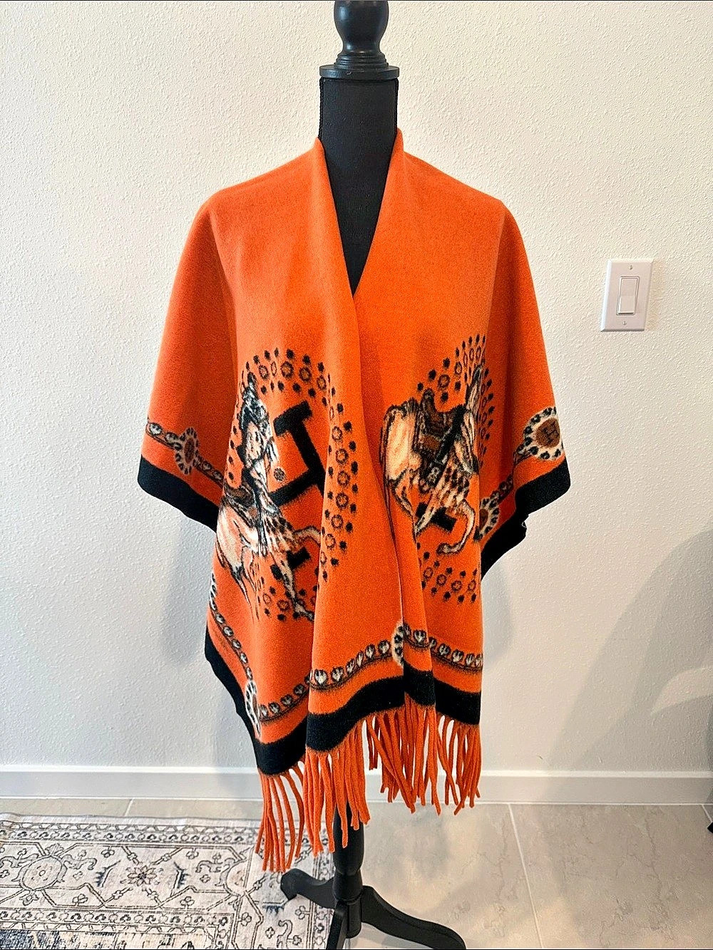 NWOT Orange & Black Print Fringe Wrap